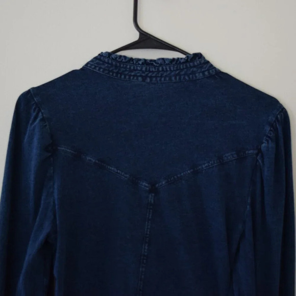 FREE PEOPLE Fitted Cotton Button Down Long Sleeve Top Blue Size Large - Picture 7 of 10